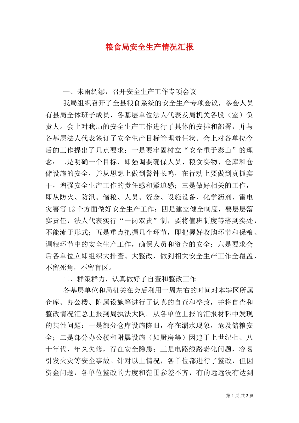 粮食局安全生产情况汇报_第1页