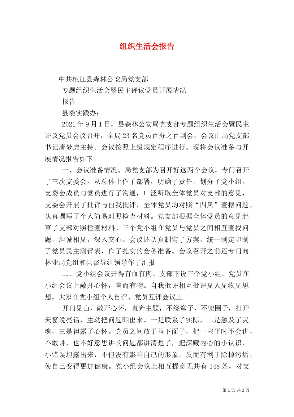 组织生活会报告（二）7_第1页