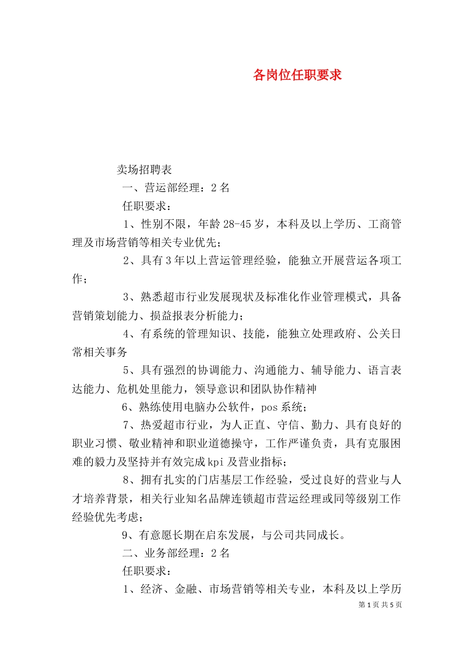 各岗位任职要求_第1页