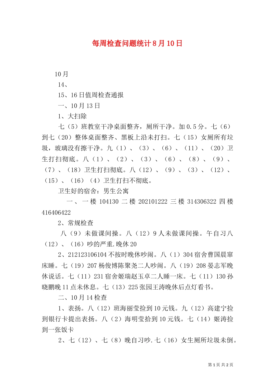 每周检查问题统计8月10日_第1页