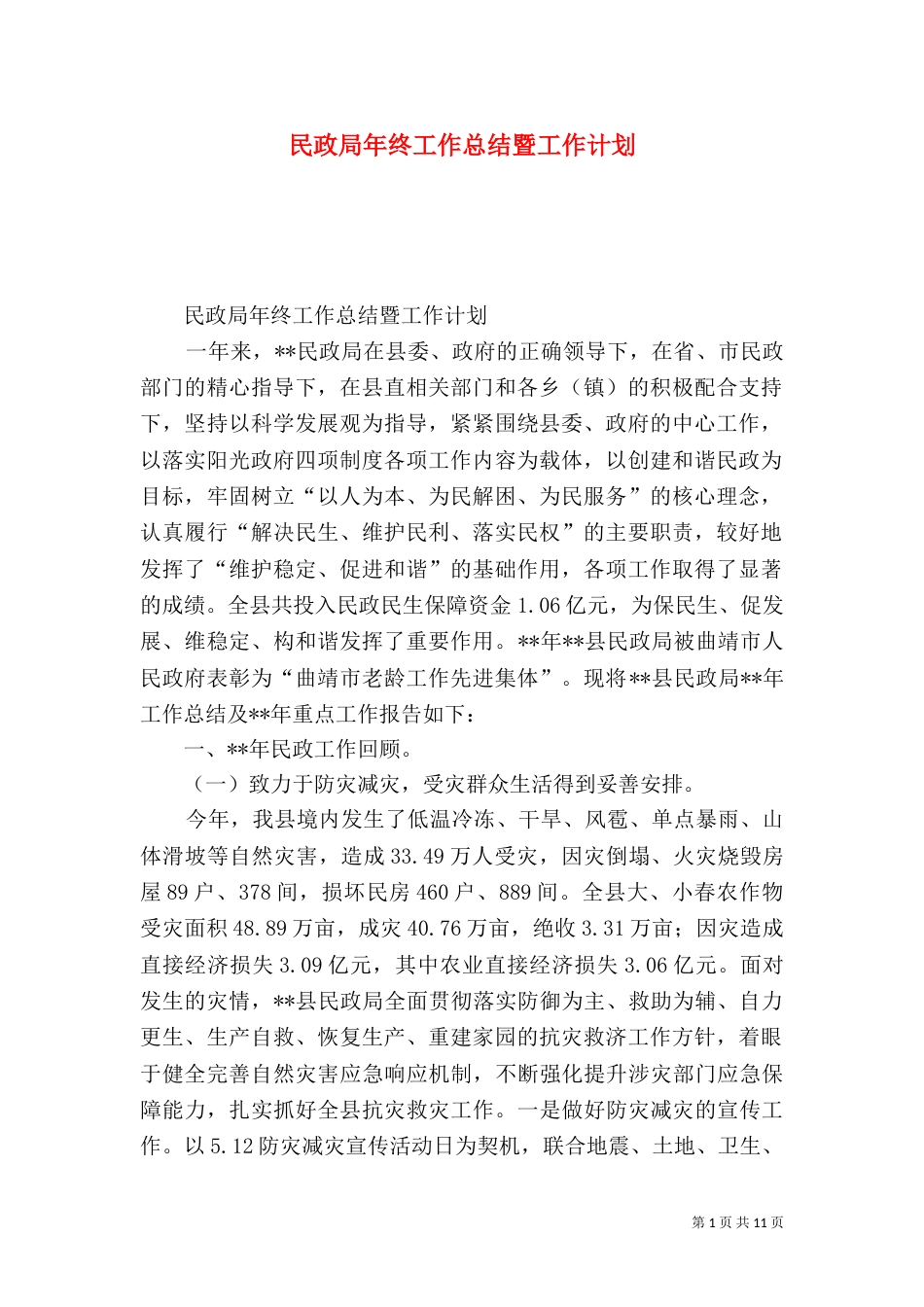 民政局年终工作总结暨工作计划（一）_第1页