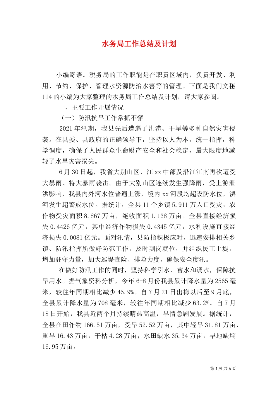 水务局工作总结及计划_第1页