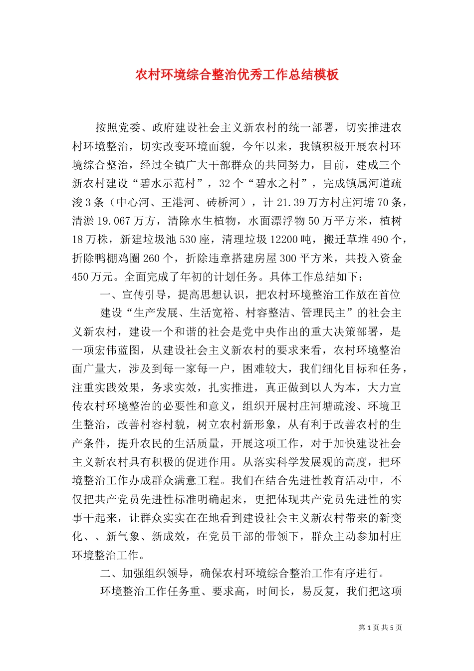 农村环境综合整治优秀工作总结模板_第1页