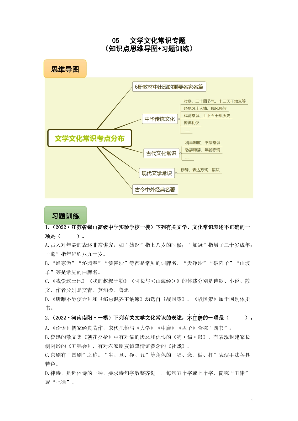 05 文学文化常识专题（知识点思维导图+习题训练）-备战2023年中考语文冲刺专题系列01（原卷版）_第1页