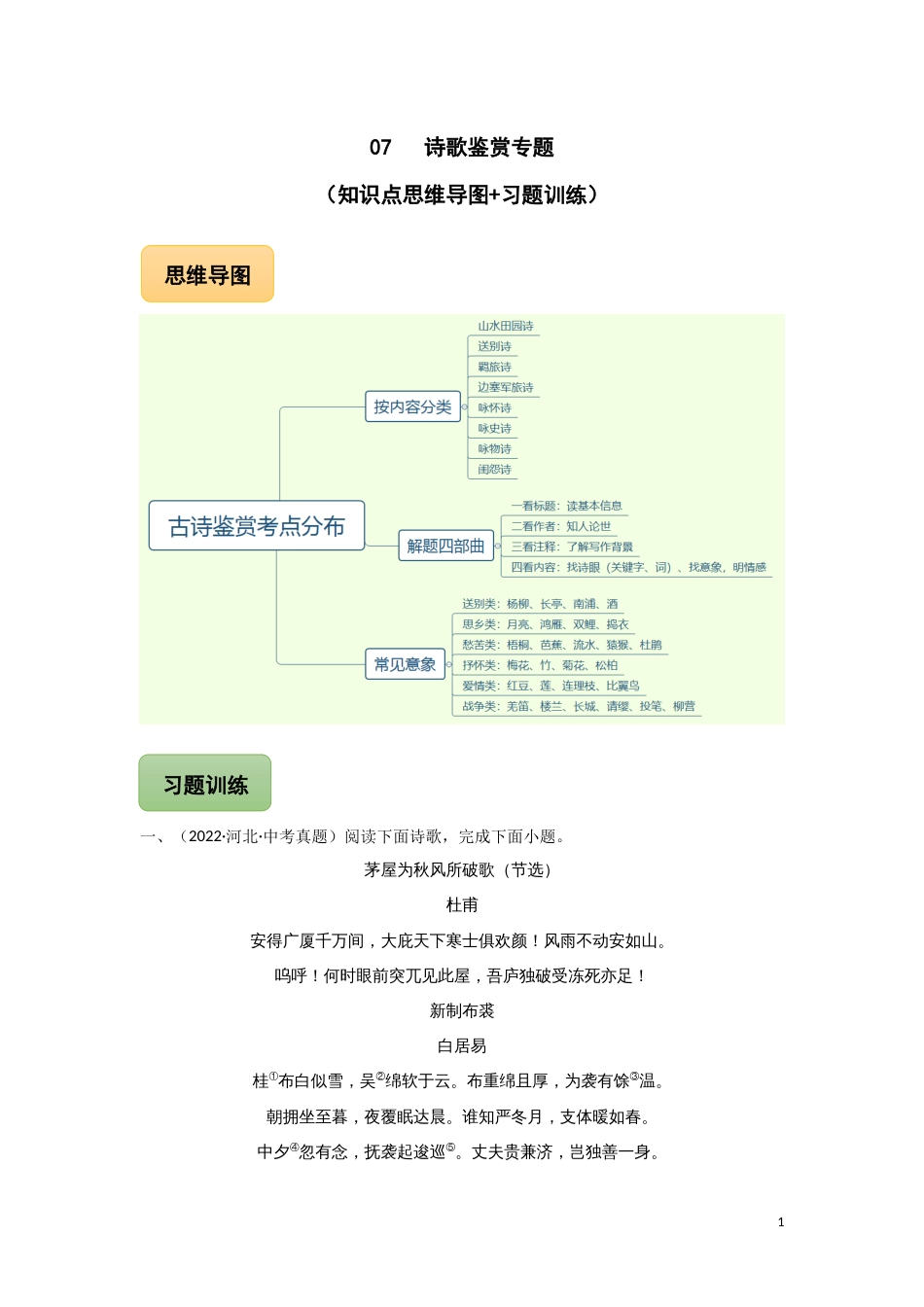 07 诗歌鉴赏专题（知识点思维导图+习题训练）-备战2023年中考语文冲刺专题系列01（原卷版）_第1页