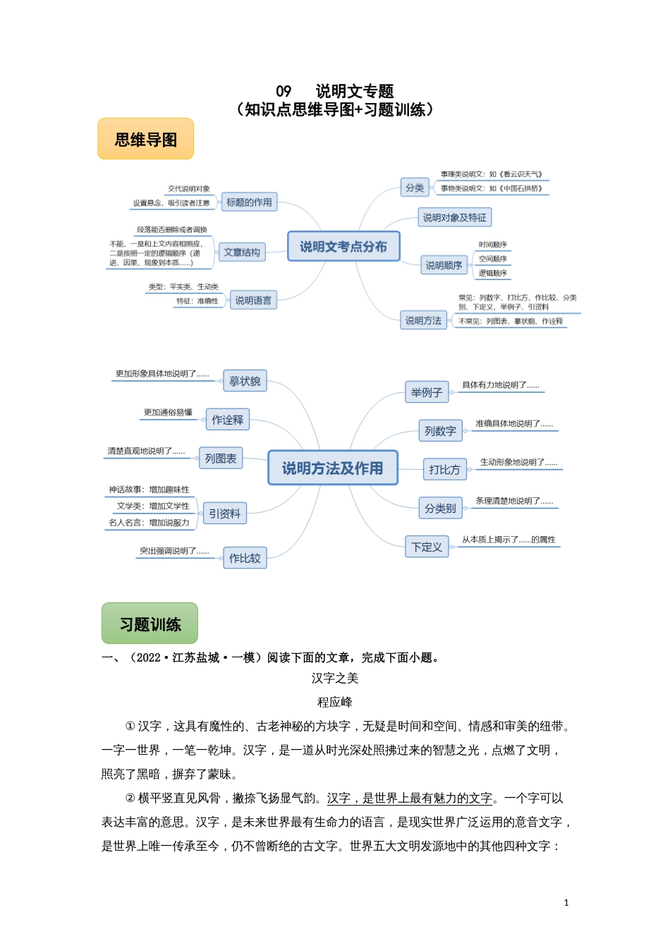 09 说明文专题（知识点思维导图+习题训练）-备战2023年中考语文冲刺专题系列01（原卷版）_第1页