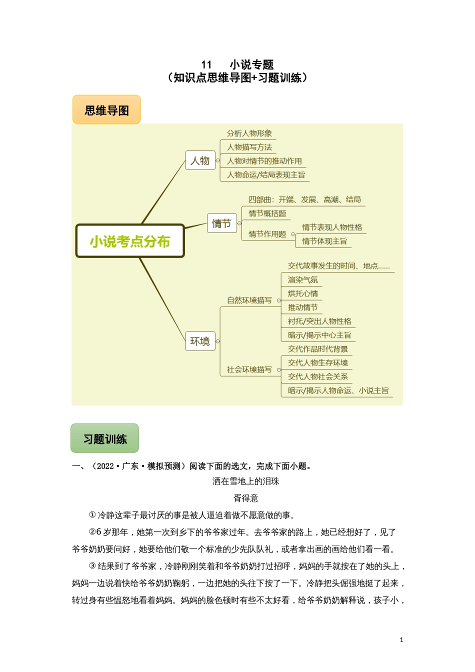 11 小说专题（知识点思维导图+习题训练）-备战2023年中考语文冲刺专题系列01（原卷版）_第1页