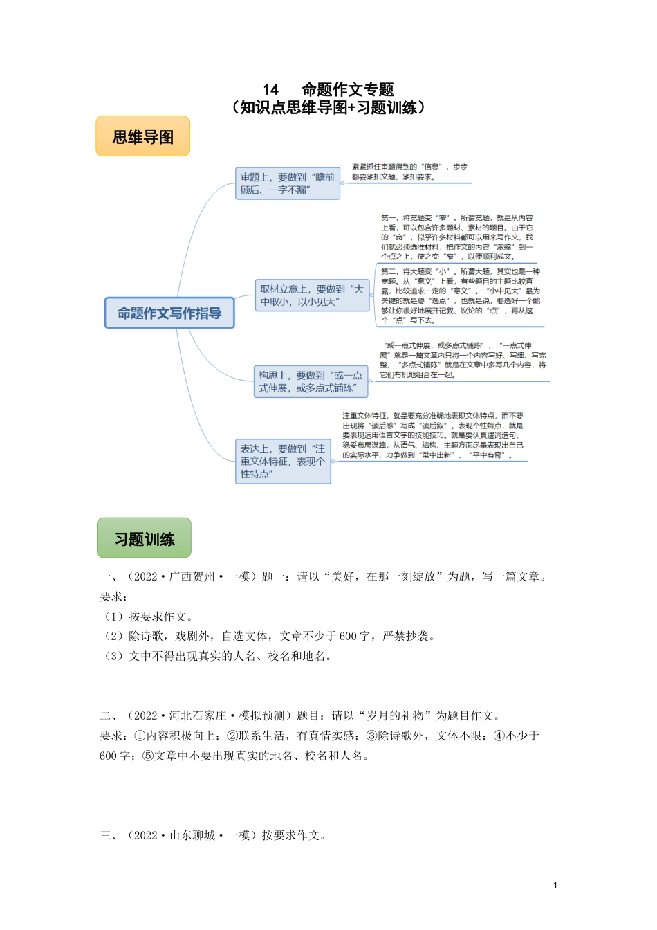 14 命题作文专题（知识点思维导图+习题训练）-备战2023年中考语文冲刺专题系列01（原卷版）_第1页