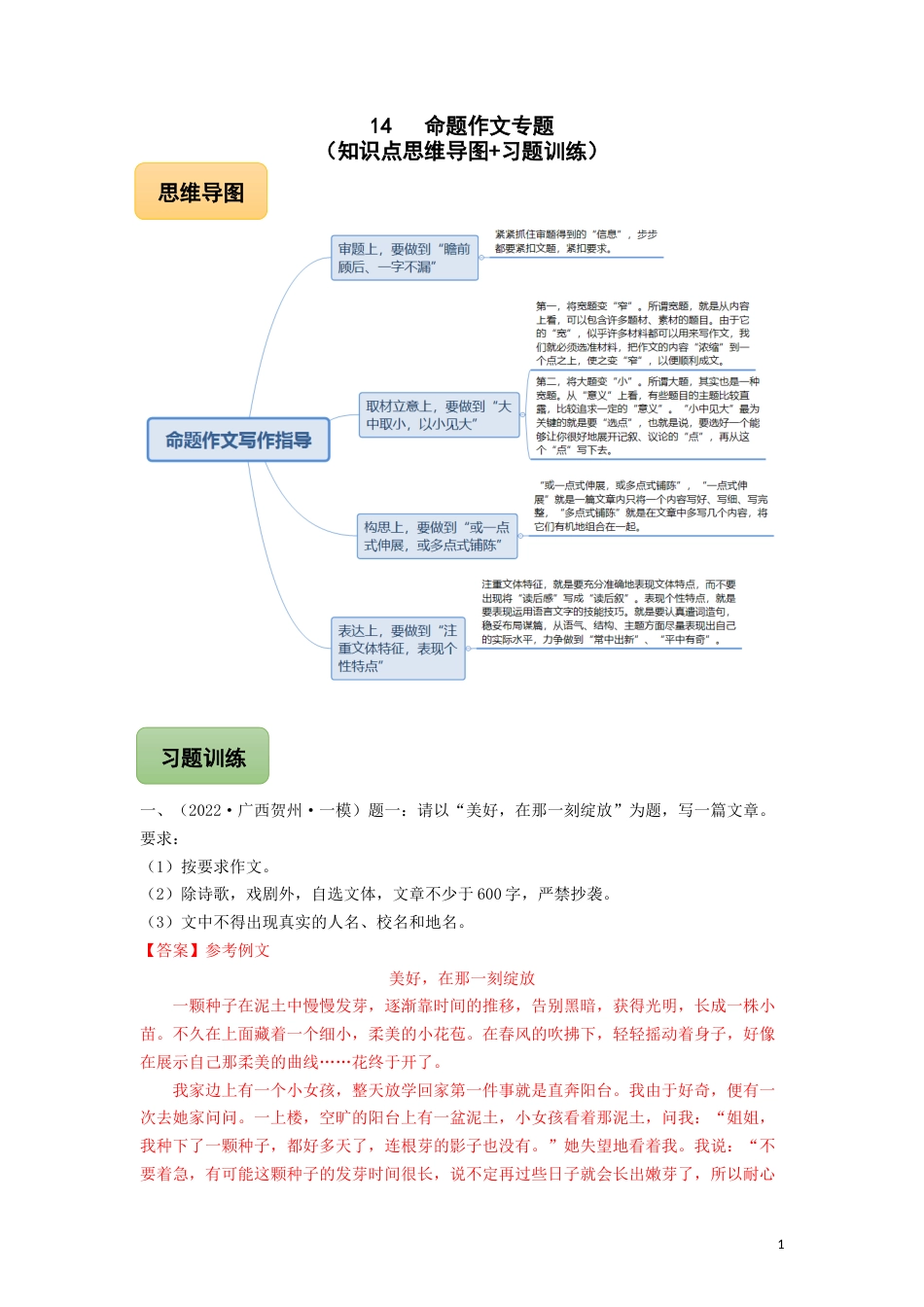 14 命题作文专题（知识点思维导图+习题训练）-备战2023年中考语文冲刺专题系列02（解析版）_第1页