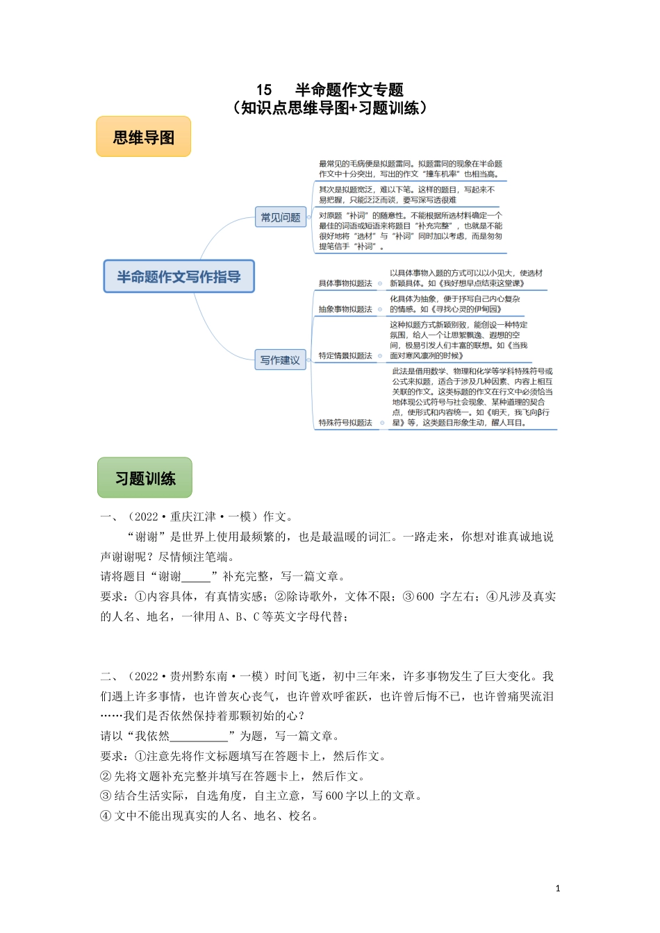 15 半命题作文专题（知识点思维导图+习题训练）-备战2023年中考语文冲刺专题系列01（原卷版）_第1页