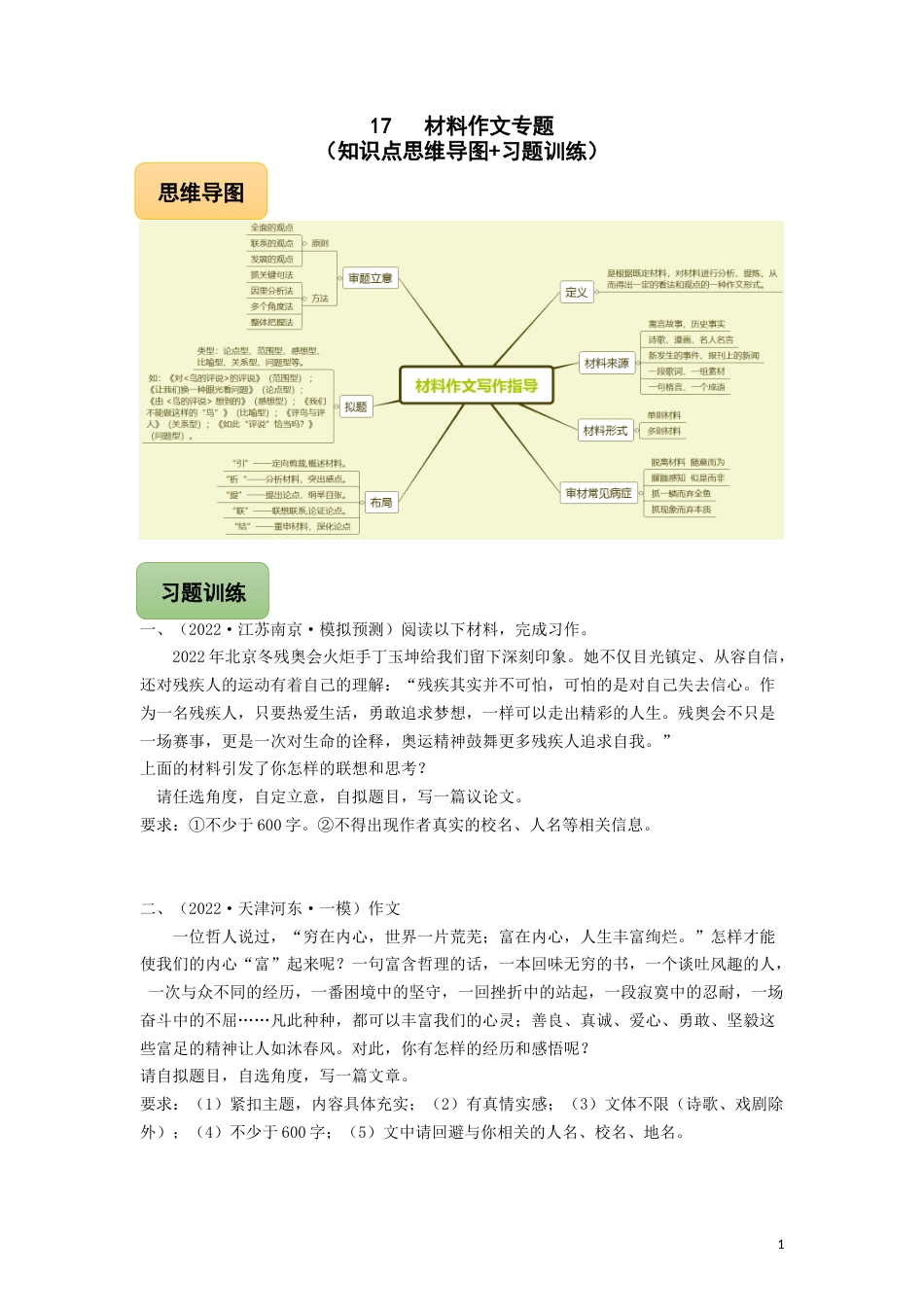 17 材料作文专题（知识点思维导图+习题训练）-备战2023年中考语文冲刺专题系列01（原卷版）_第1页