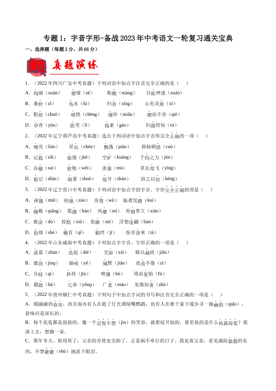 专题01  字音字形【专题检测】-备战2023年中考语文一轮复习通关宝典（解析版）_第1页