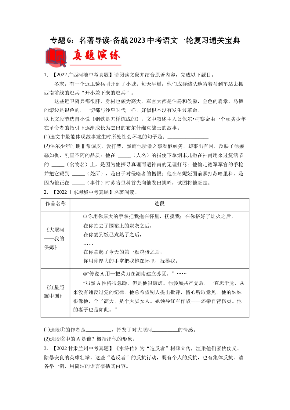 专题06：名著导读【专题检测】-备战2023中考语文一轮复习通关宝典（解析版）_第1页