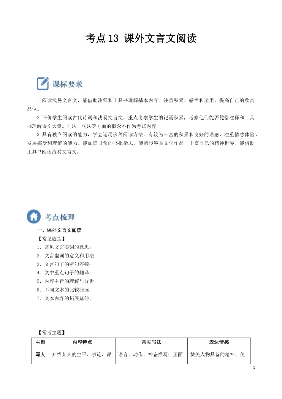 考点13  课外文言文阅读-备战2023年中考语文一轮复习重点难点通关讲练测（解析版）_第1页