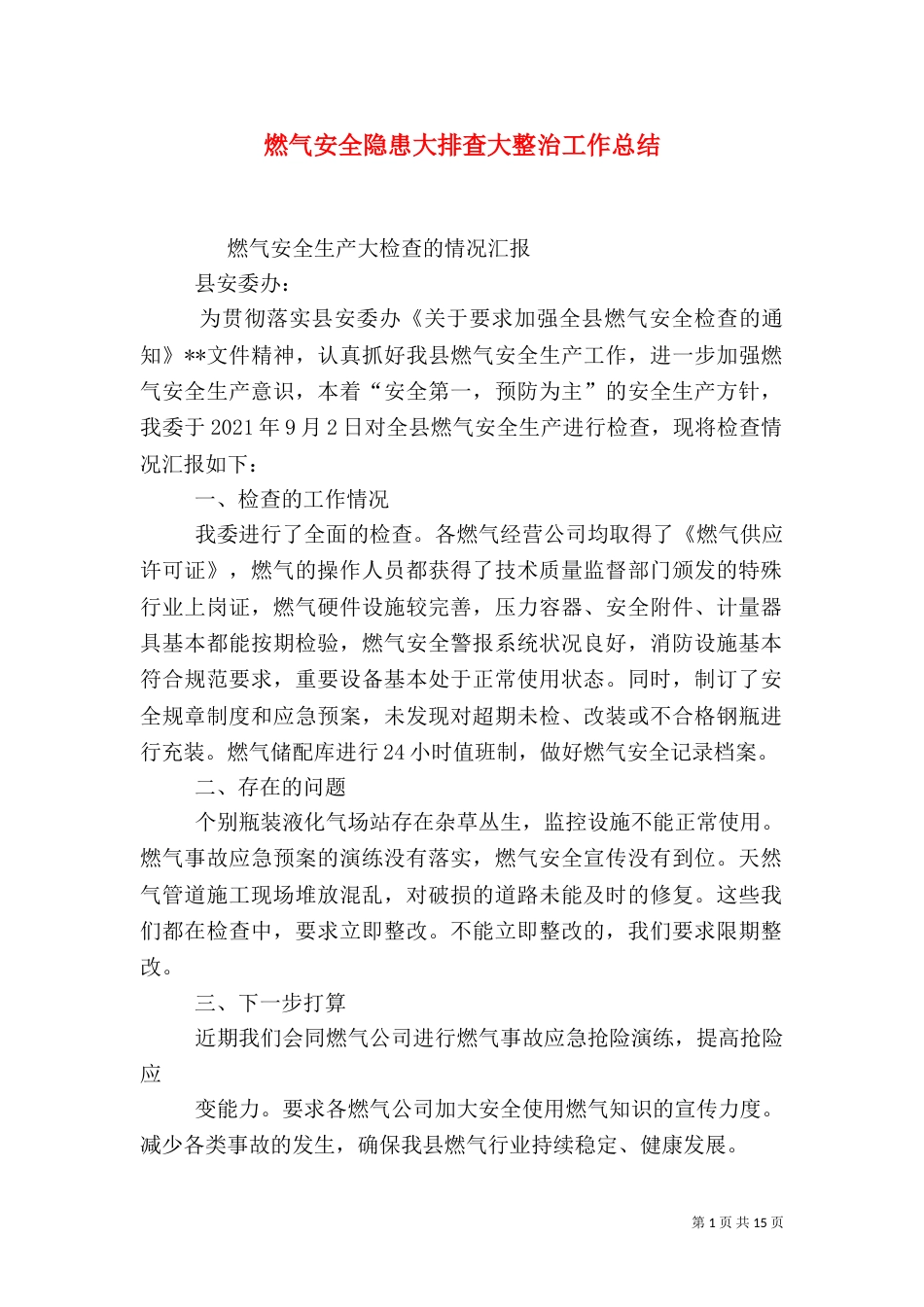 燃气安全隐患大排查大整治工作总结_第1页