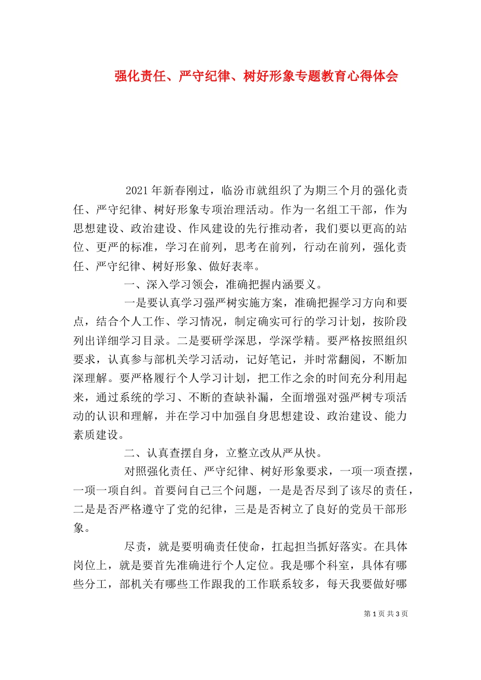 强化责任、严守纪律、树好形象专题教育心得体会_第1页