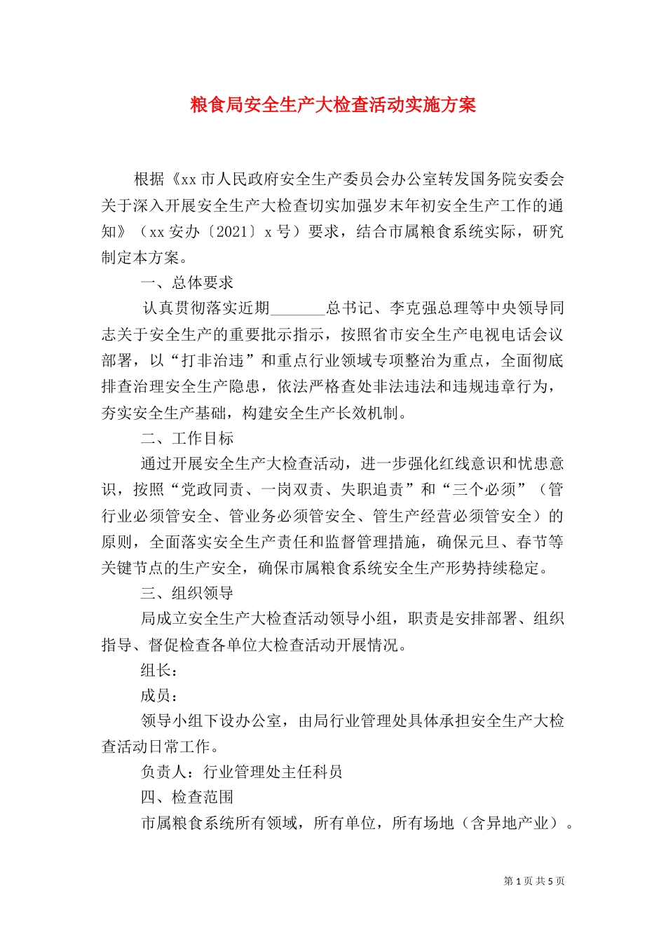 粮食局安全生产大检查活动实施方案_第1页
