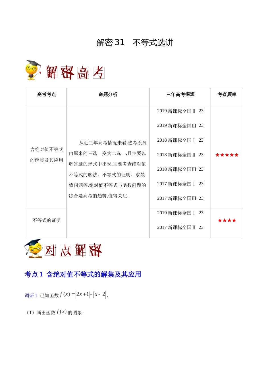 解密31 不等式选讲-备战2020年高考数学(理)之高频考点解密（解析版）_第1页