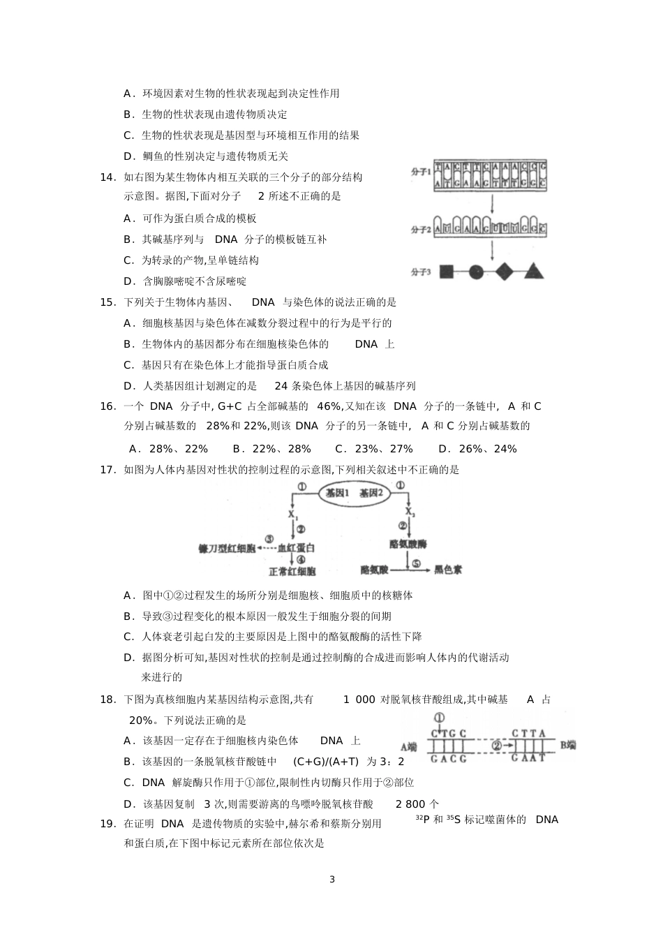 (生物)高三生物专题练习【基因的本质和表达】必修二第三四章[共11页]_第3页