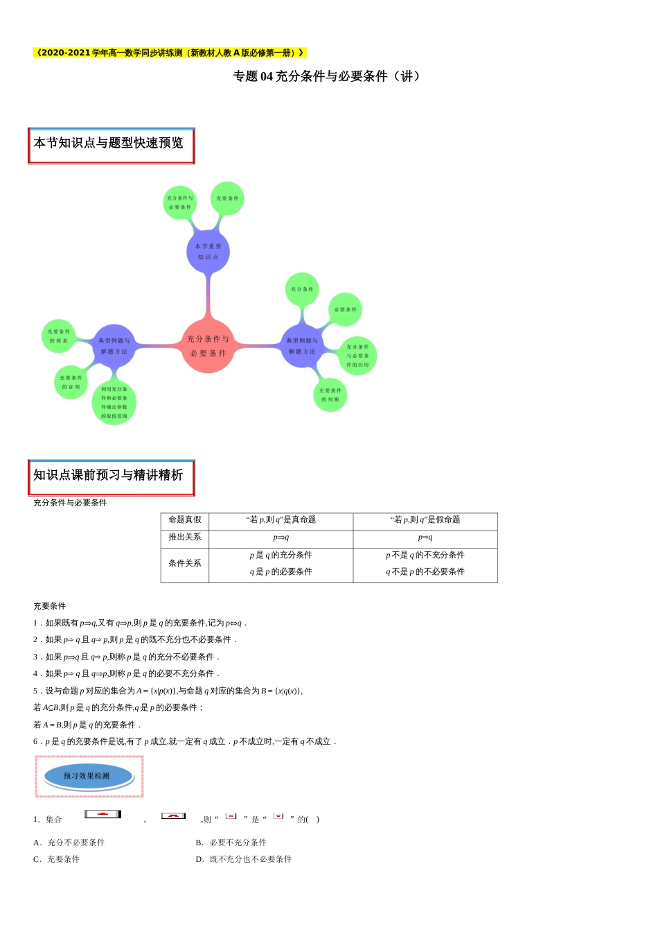 专题04 充分条件与必要条件（讲）-2020-2021学年高一数学同步讲练测（新教材人教A版必修第一册）（原卷版）_第1页