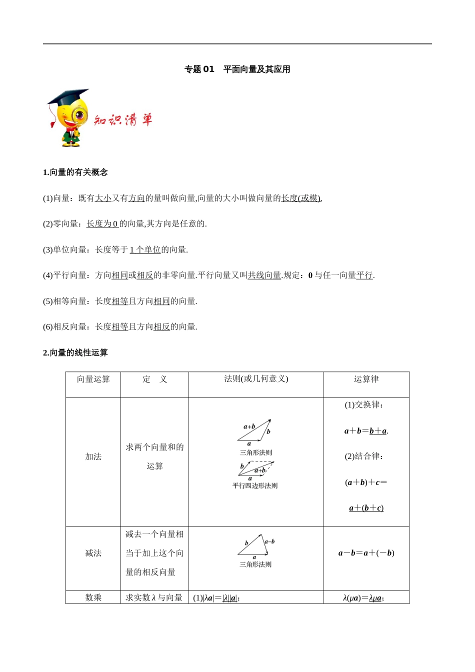 专题01 平面向量及其应用-新教材2019-2020学年下学期高一数学期末挑重点(人教A版必修第二册)_第1页