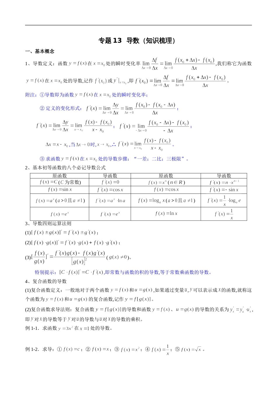 专题13 导数（知识梳理）（文）（原卷版）附答案_第1页