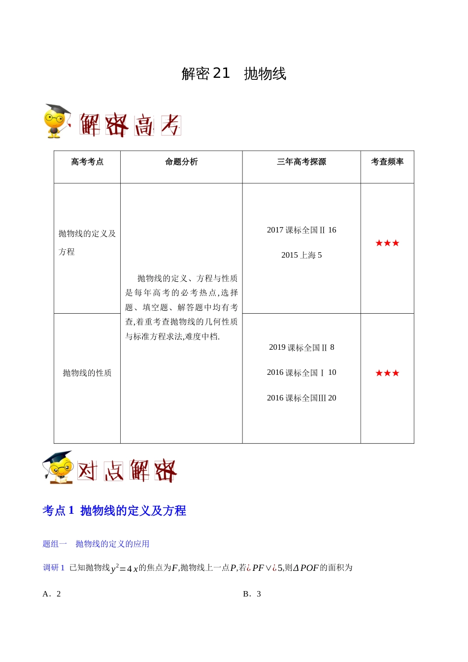 解密21 抛物线-备战2020年高考理科数学之高频考点解密（解析版）_第1页