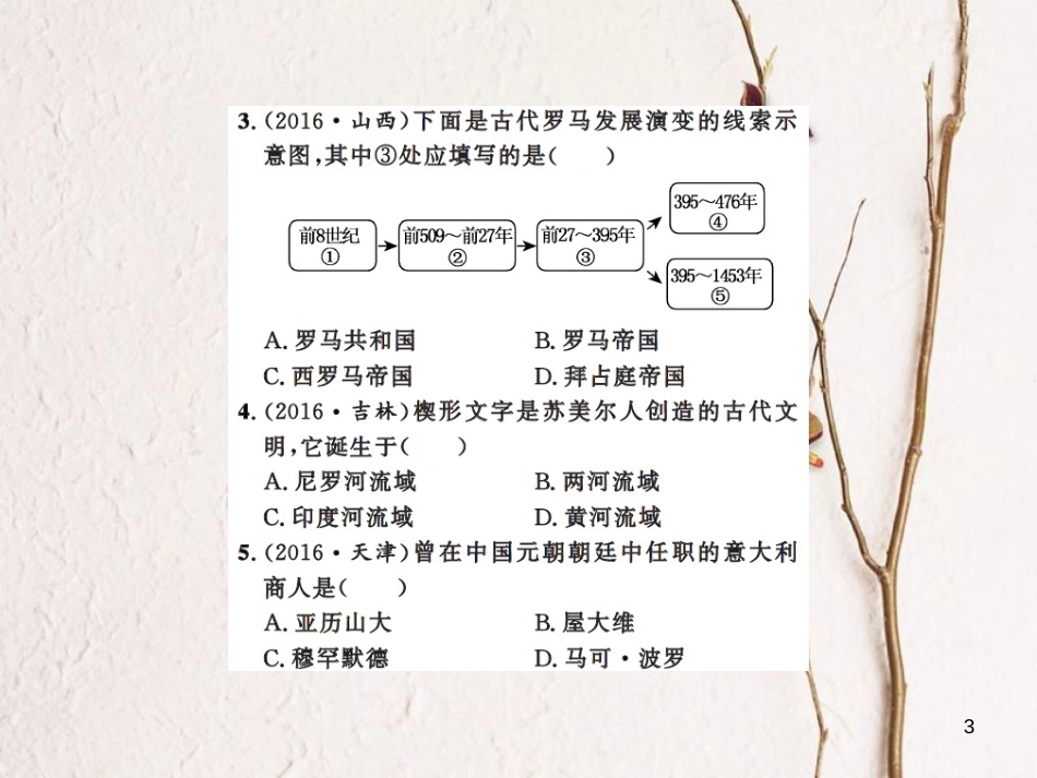 中考历史总复习 模块四 世界古代史 第二主题 文明的冲撞与融合、科学技术与思想文化课时提升课件[共11页]_第3页