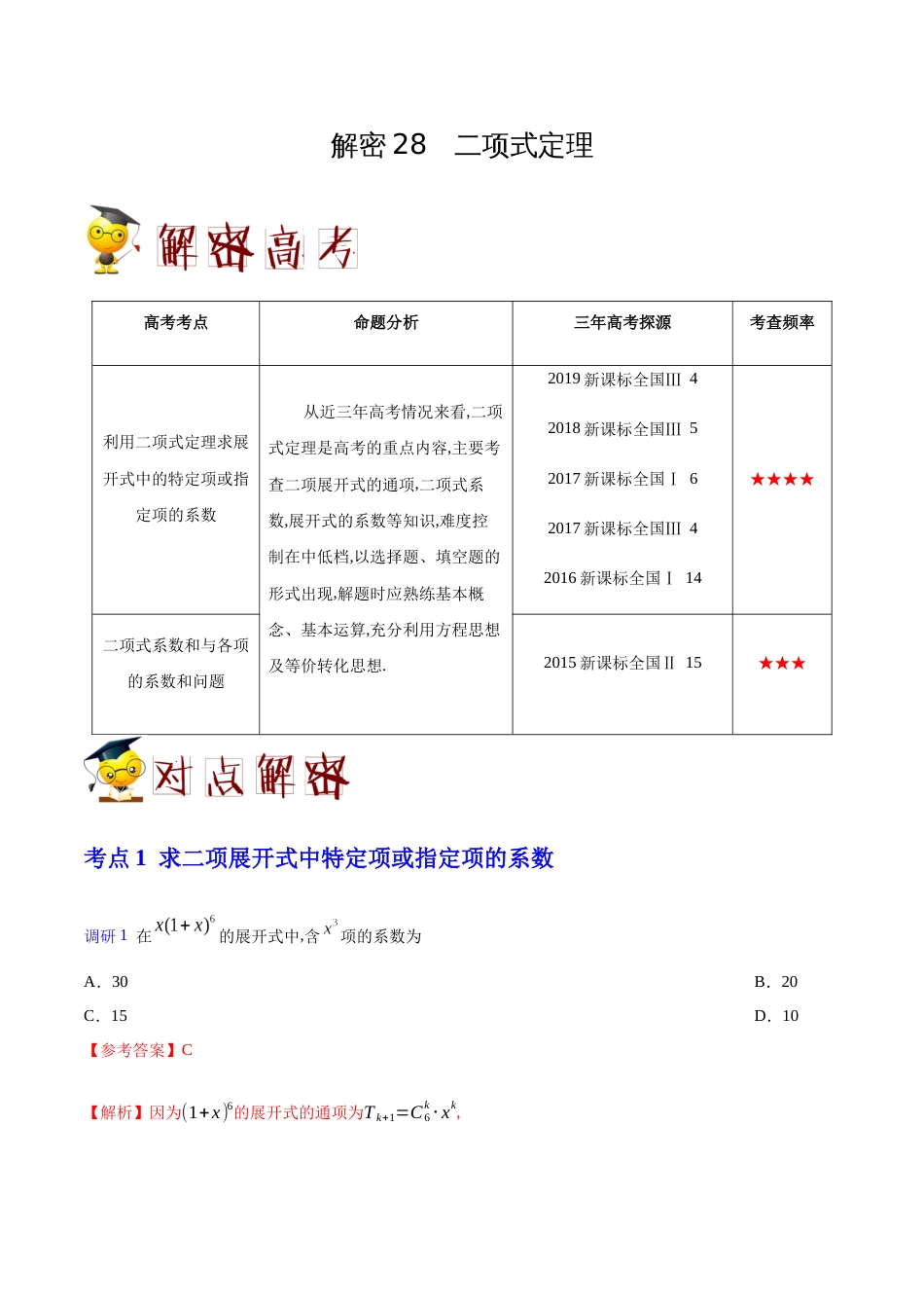 解密28 二项式定理-备战2020年高考数学(理)之高频考点解密（解析版）_第1页