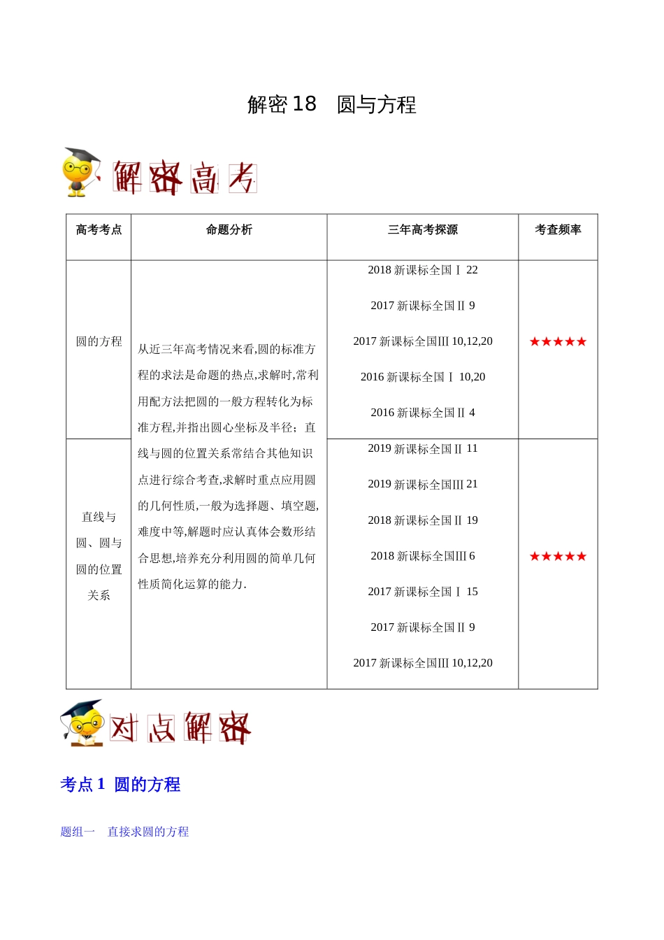 解密18 圆与方程-备战2020年高考理科数学之高频考点解密（原卷版）_第1页