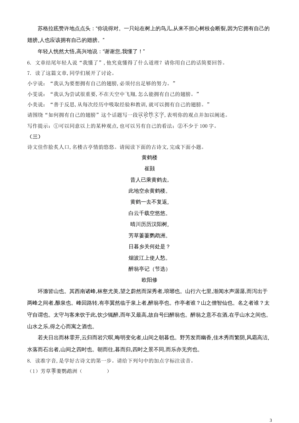 精品解析：山西省2020年中考语文试题（原卷版）_第3页