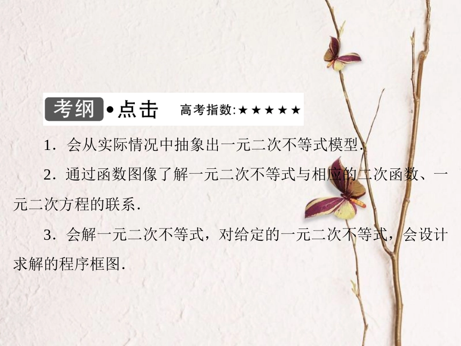 高考数学大一轮复习 第六章 不等式与推理证明 第2课时 一元二次不等式及其解法课件 文 北师大版_第3页