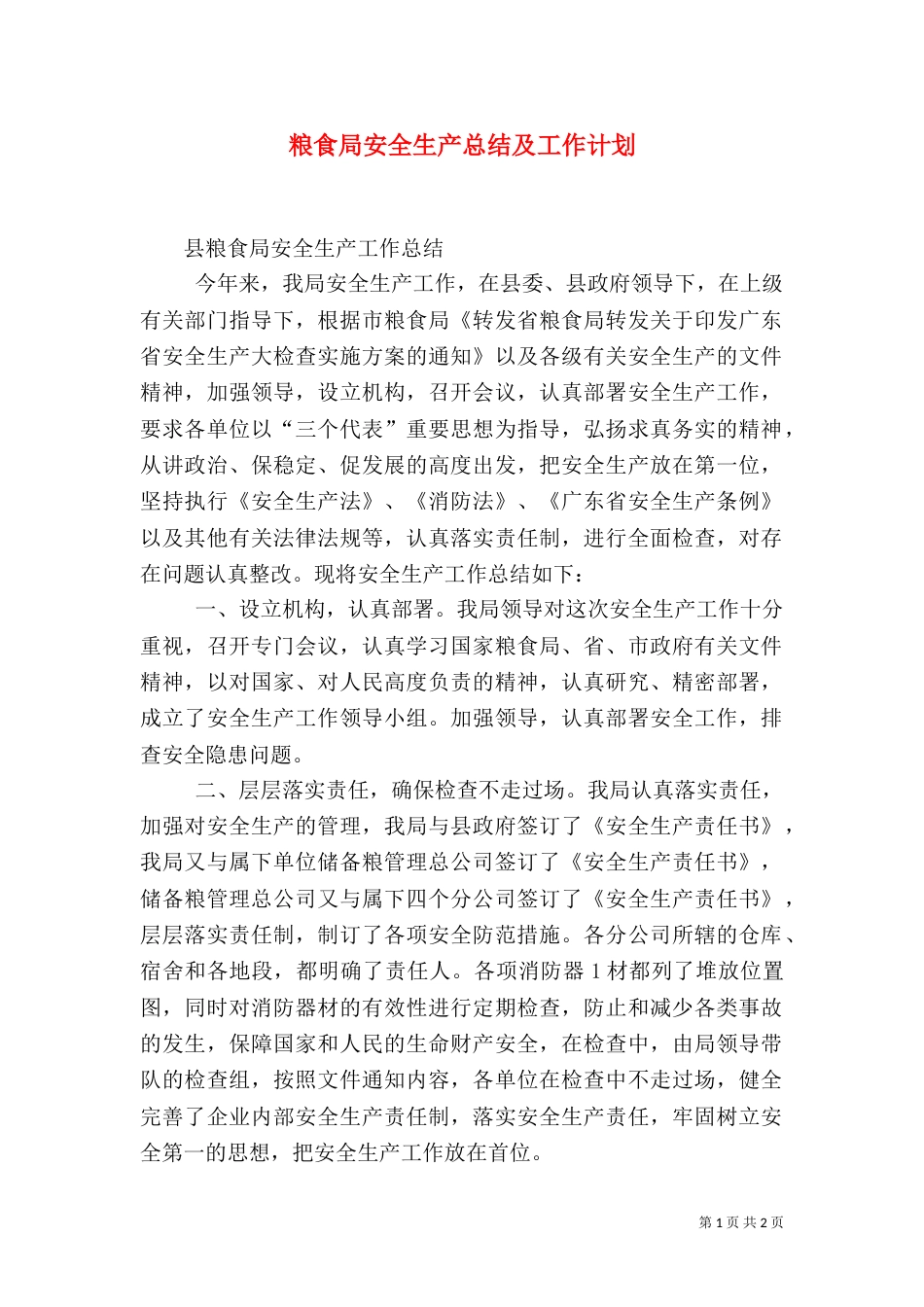 粮食局安全生产总结及工作计划_第1页