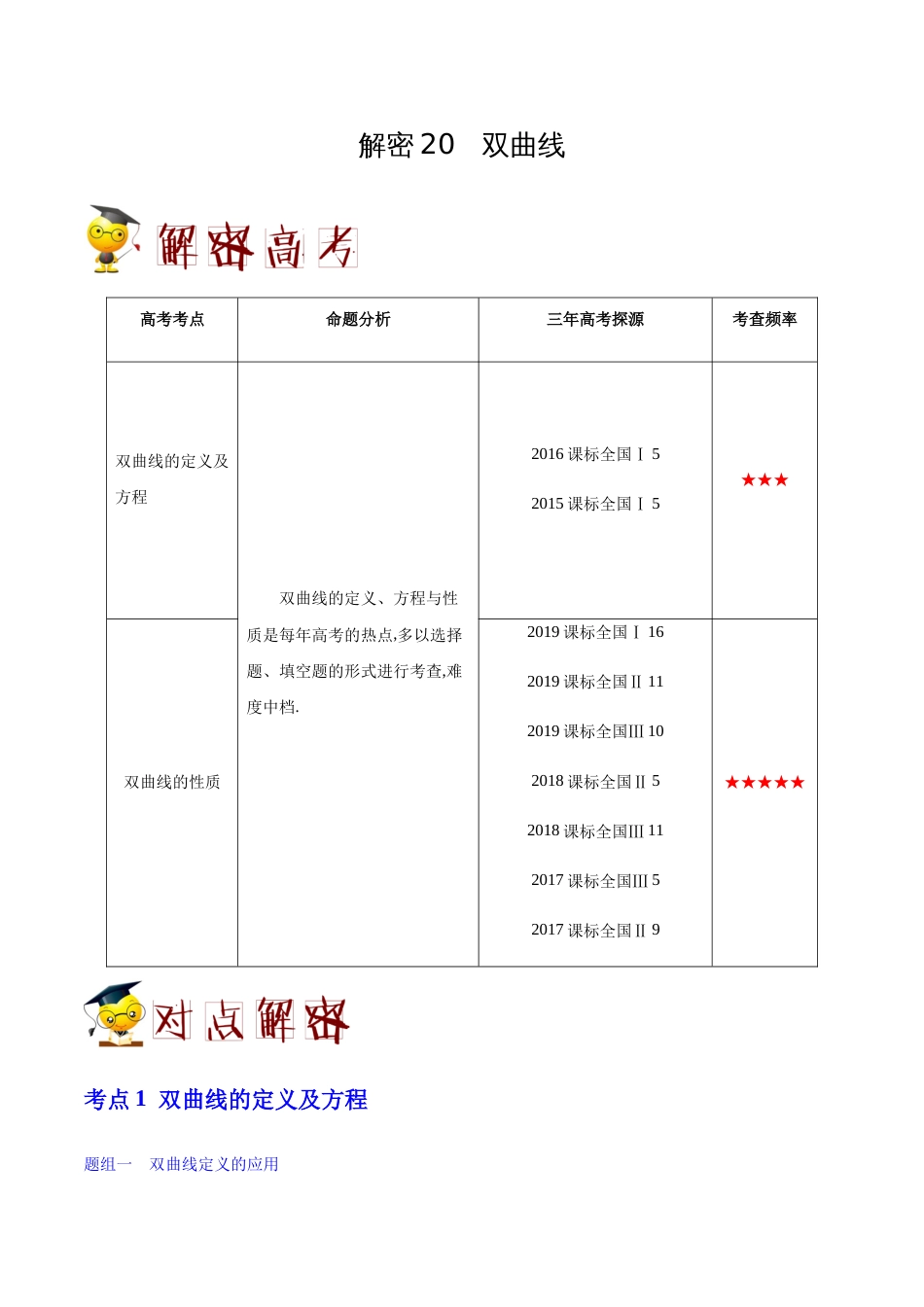 解密20 双曲线-备战2020年高考理科数学之高频考点解密（原卷版）_第1页