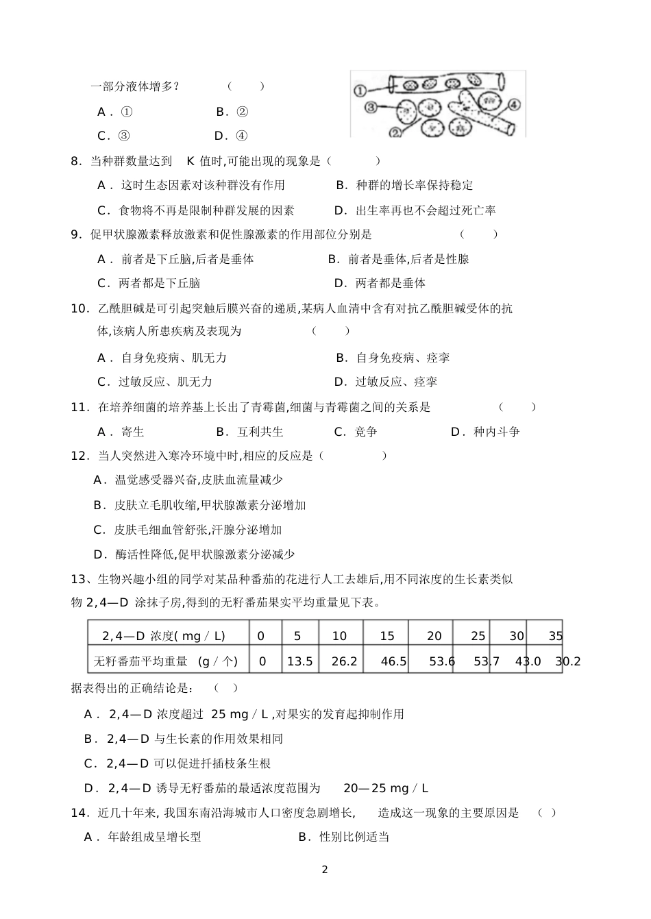 高二生物必修三期中考试题[共9页]_第2页