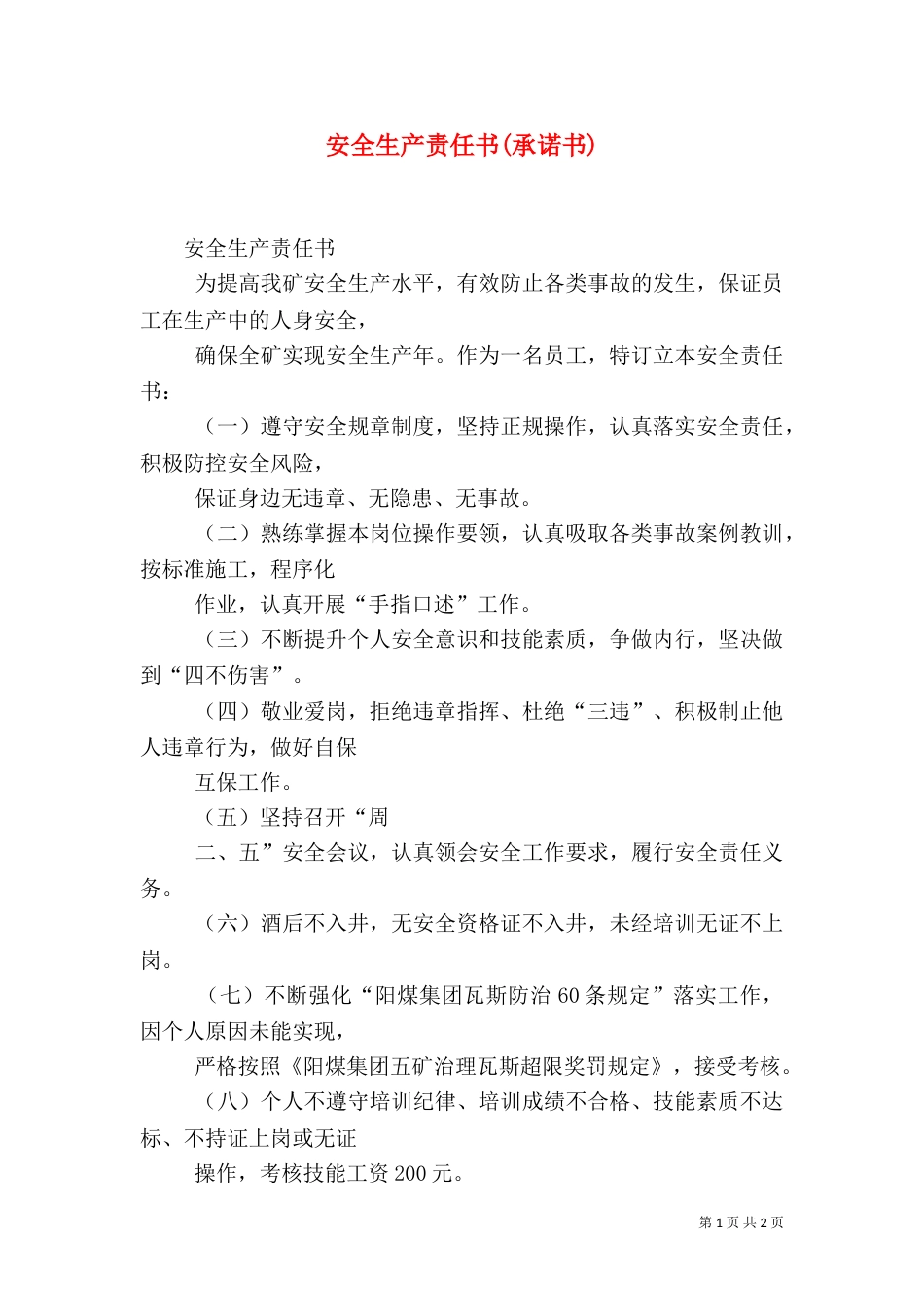 安全生产责任书(承诺书)（二）_第1页