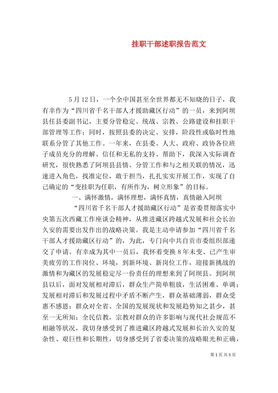 挂职干部述职报告范文_第1页
