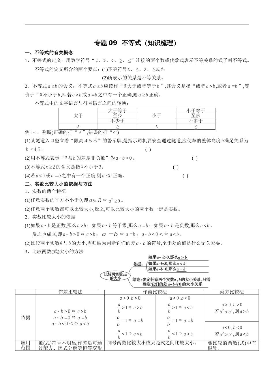 专题09 不等式（知识梳理）（原卷版）_第1页