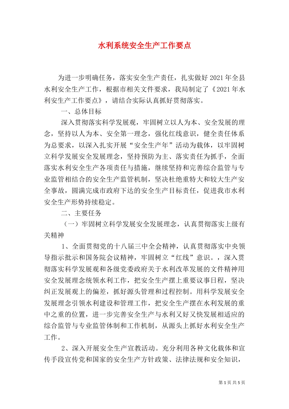 水利系统安全生产工作要点_第1页