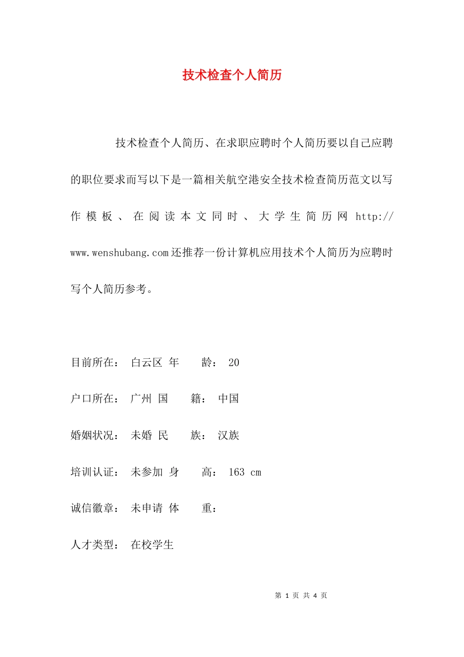 技术检查个人简历_第1页