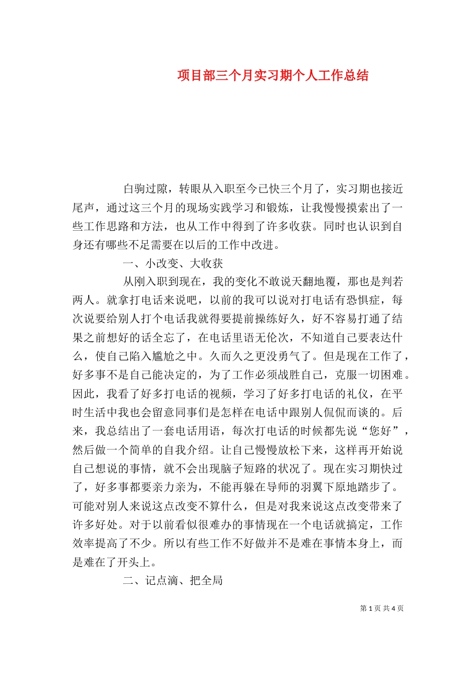 项目部三个月实习期个人工作总结_第1页