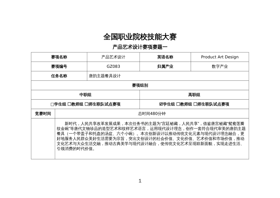 （全国职业技能比赛：高职）GZ083产品艺术设计赛题第一套_第1页