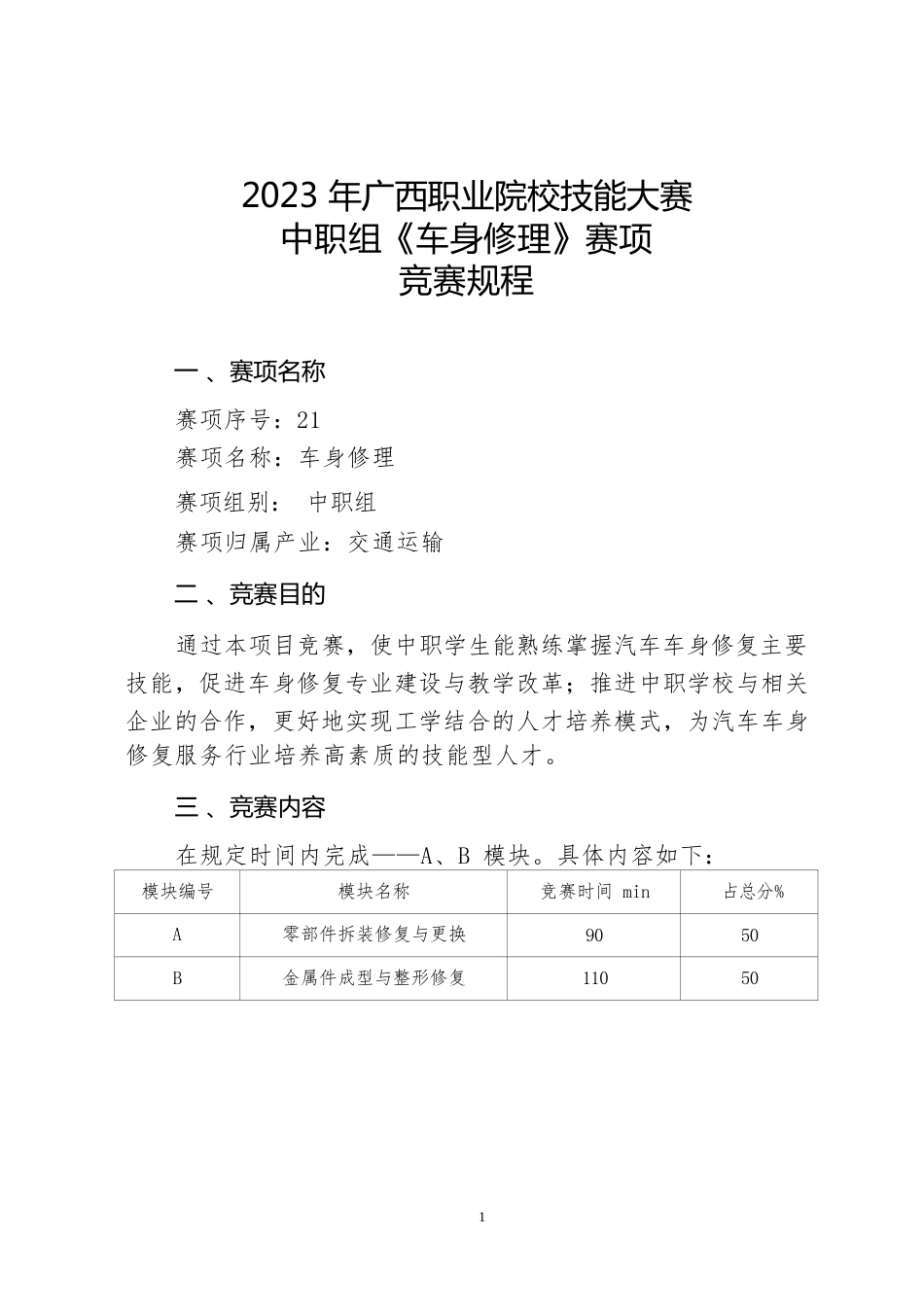 21职业院校技能大赛中职组《车身修理》赛项竞赛规程(001)_第1页