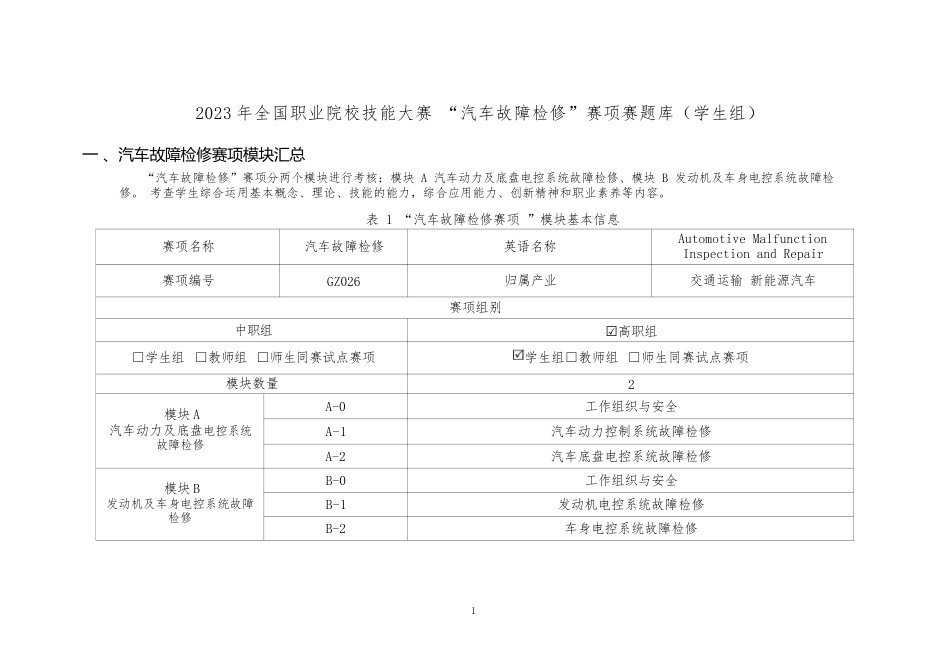 （高职）GZ026汽车故障检修赛项赛题（学生赛）_第1页