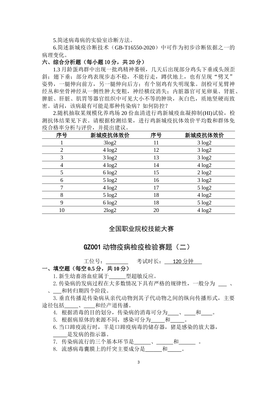 （全国职业技能比赛：高职）GZ001动物疫病检疫检验赛题共10套_第3页