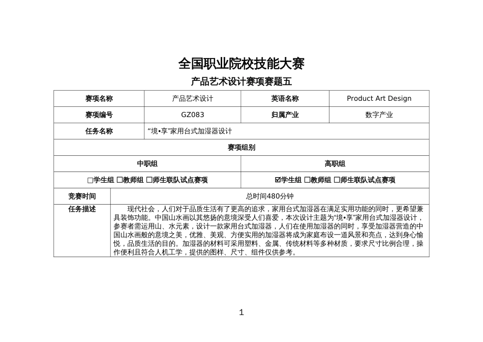 （全国职业技能比赛：高职）GZ083产品艺术设计赛题第五套_第1页