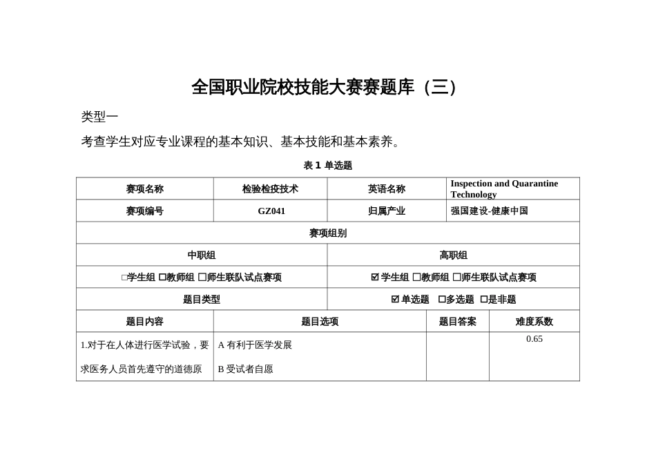 （全国职业技能比赛：高职）GZ041检验检疫技术赛项赛题第3套（理论）_第1页