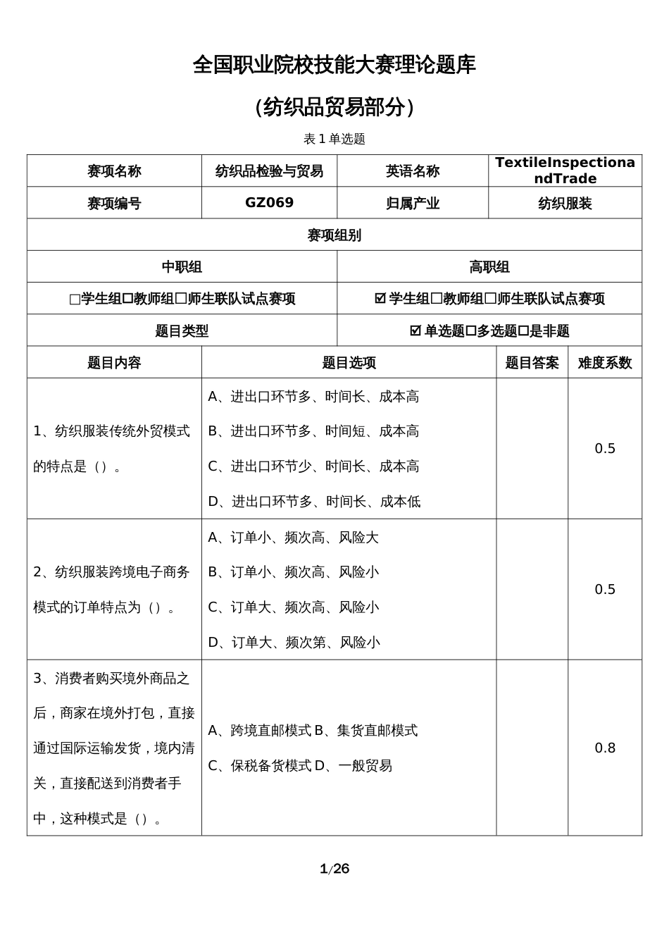 （全国职业技能比赛：高职）GZ069纺织品检验与贸易赛项理论题库（纺织品贸易部分）_第1页