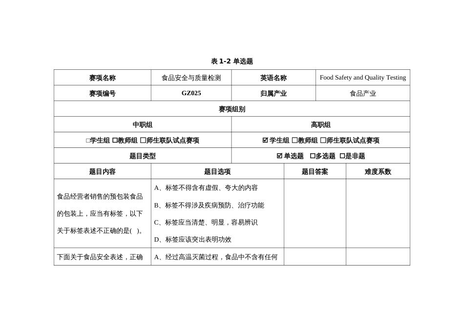 （全国23高职职业技能比赛）GZ025食品安全与质量检测赛题第2套_第1页