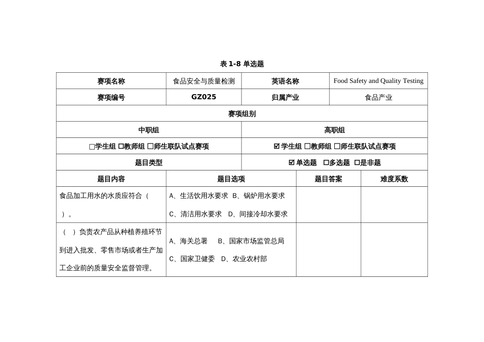 （全国23高职职业技能比赛）GZ025食品安全与质量检测赛题第8套_第1页